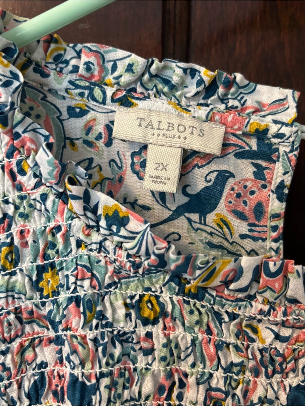 Talbots Blouse 2X 100% Cotton Top Long Sleeve Bird Floral Print Smocked Shirt - Picture 2 of 9